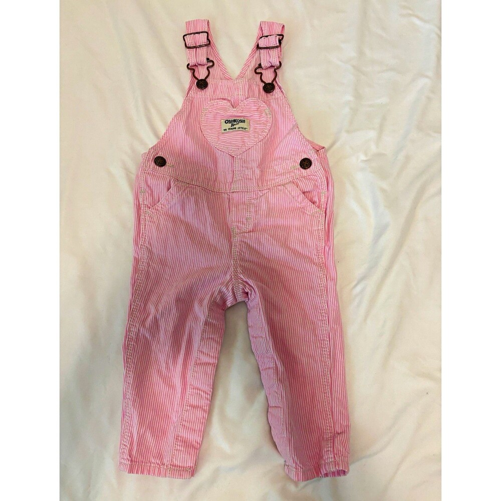 OshKosh B'gosh Girls Pink/White Striped Denim Overalls One-Piece 9M